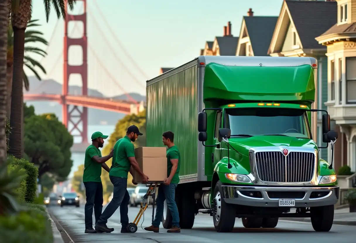 Moving team unloading boxes from a green truck near the Golden Gate Bridge in San Francisco.